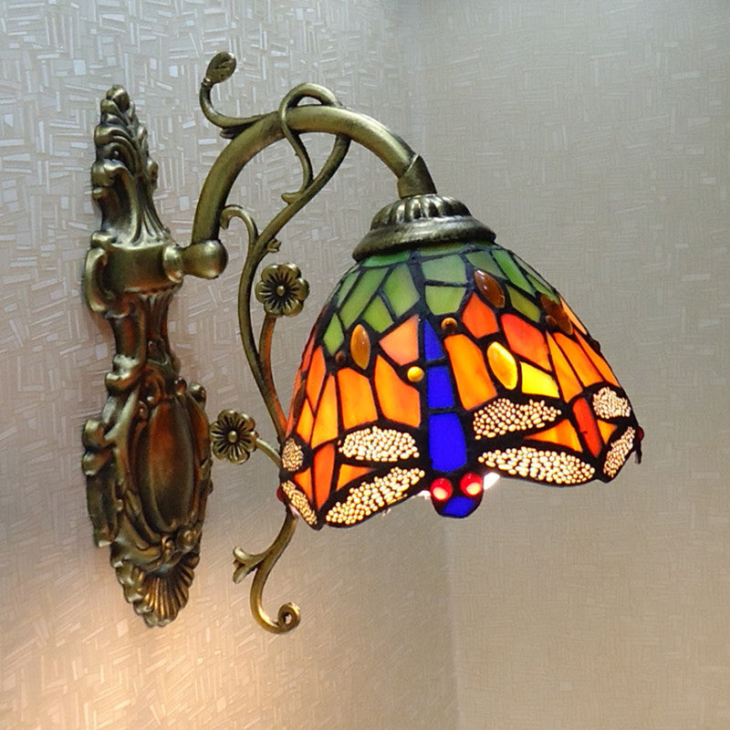 BowLift Hand-Cut Glass Dragonfly Tiffany-Style Wall Lamp - 1-Light Wall-Mounted Fixture with Carved Backplate