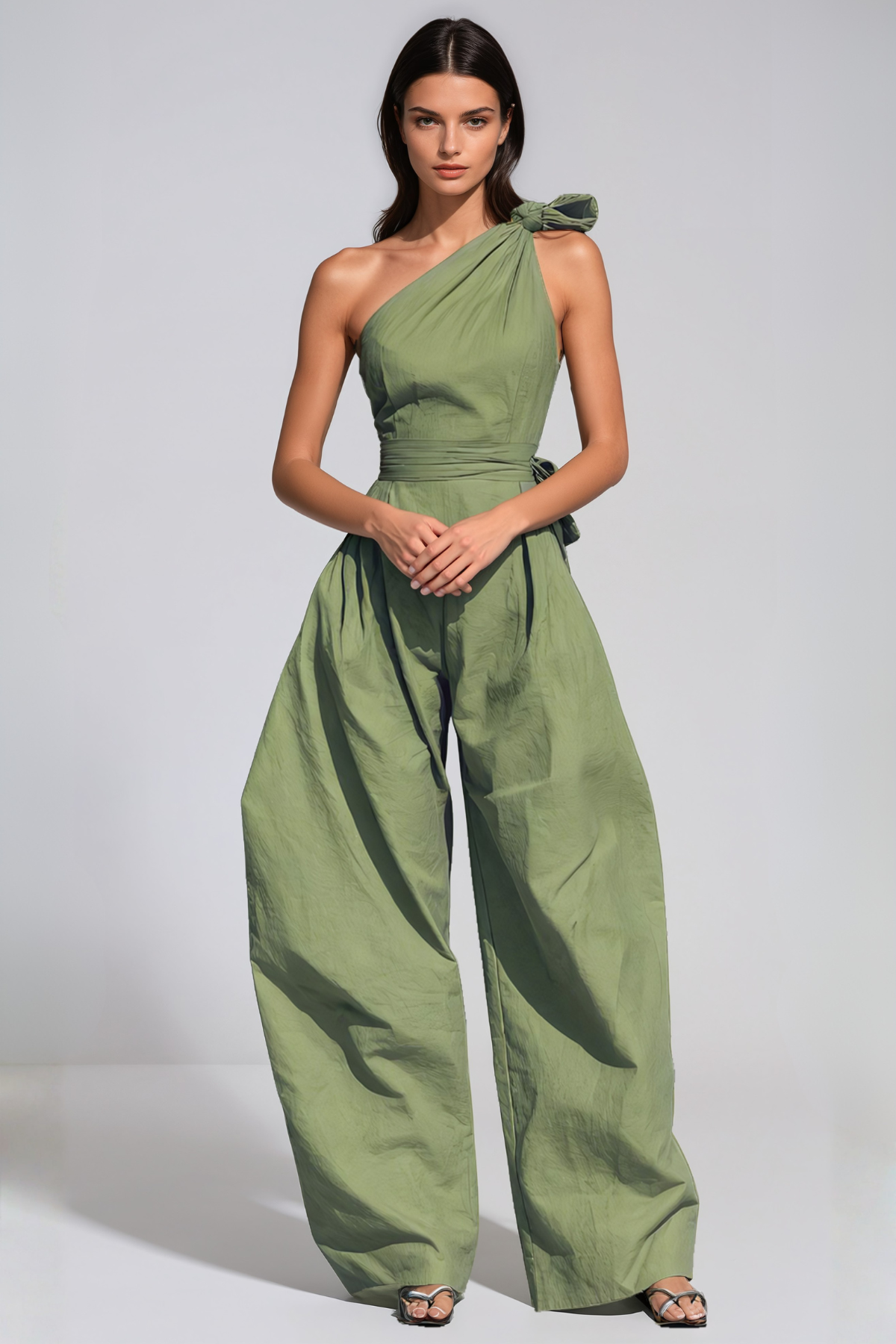 Women’s Green One Shoulder Baggy Jumpsuit with Twist Detail and Relaxed Fit