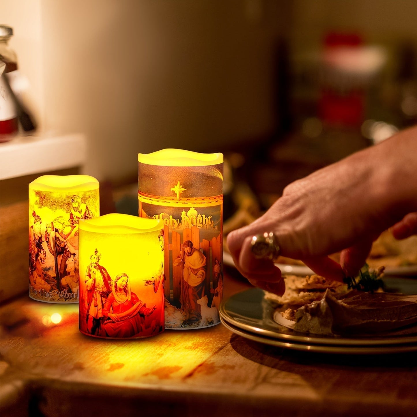 LZINA™ | Flameless LED Christmas Candles – 3pcs Battery-Powered Holy Night Lights Candle with Timer Featuring Nativity Scene for Warm Holiday Home Ambience