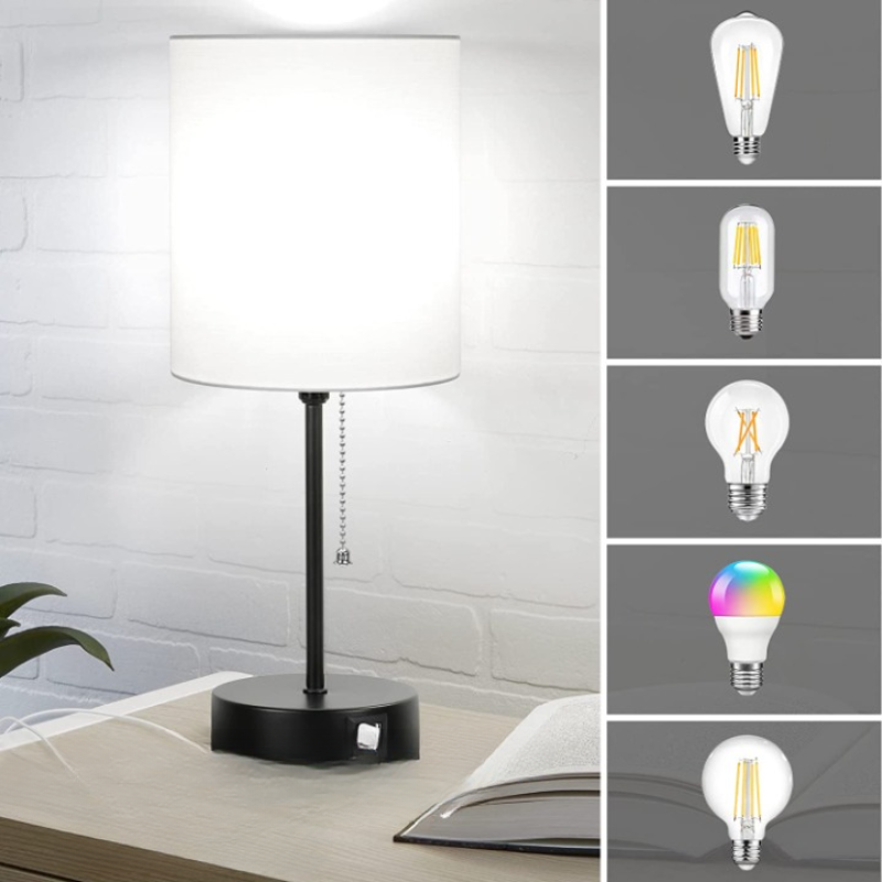 BowLift | Pair of Table Lamps with USB Ports and AC Outlet, Gray Bedside Lamps with Pull-Chain Switch, Minimalist Modern Desk Lamps with Fabric Shades for Living Room, Bedroom, and Office