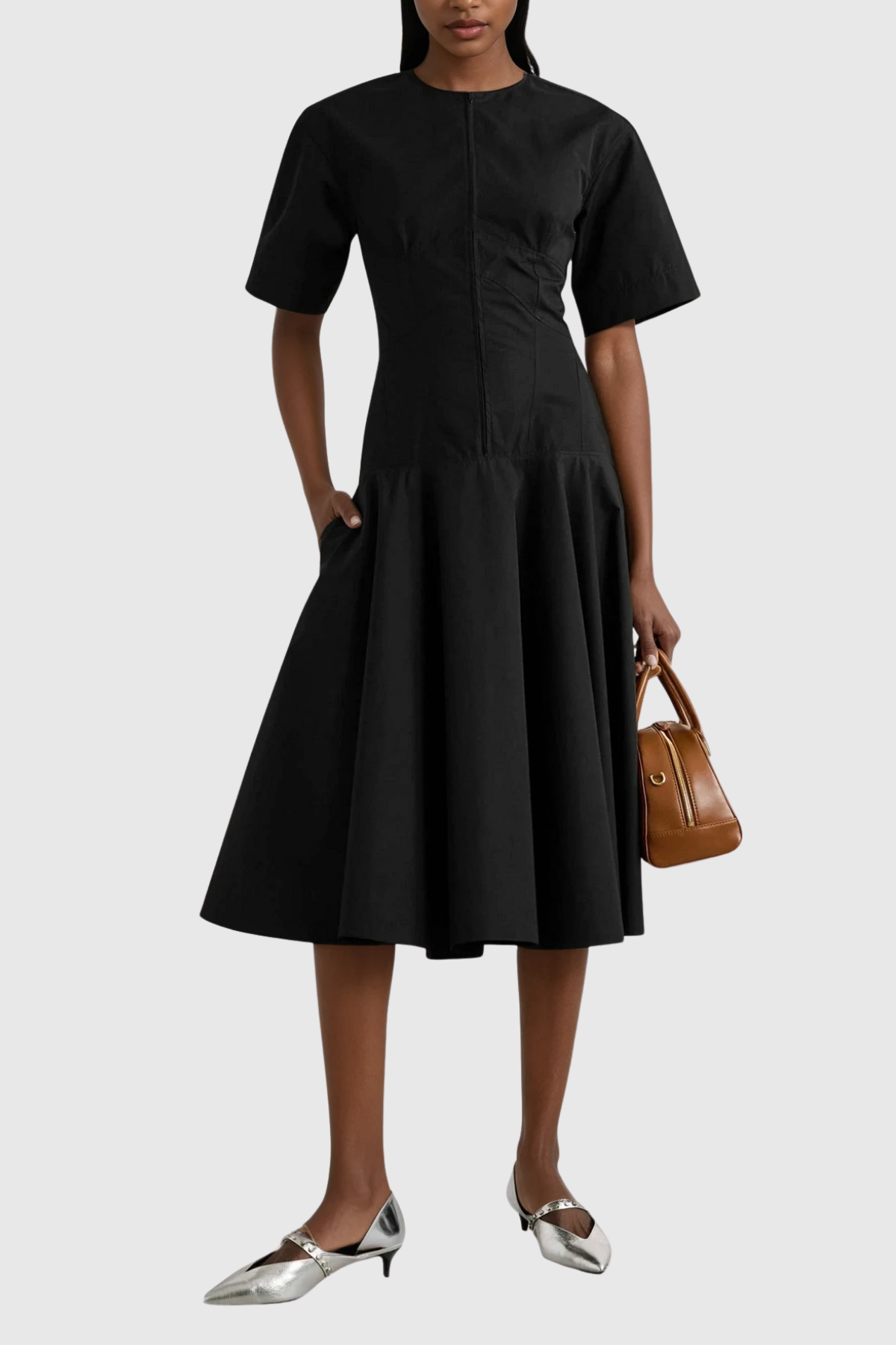 Women's Black Short Sleeve A-Line Midi Dress with Drop Waist