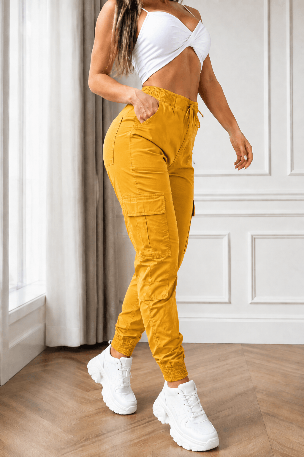 Women’s Cargo Trousers – Casual Cargo Pants & Joggers with Elastic Waist, Utility Pockets, Cuffed Ankles, Full-Length Slight-Stretch Polyester Bottoms