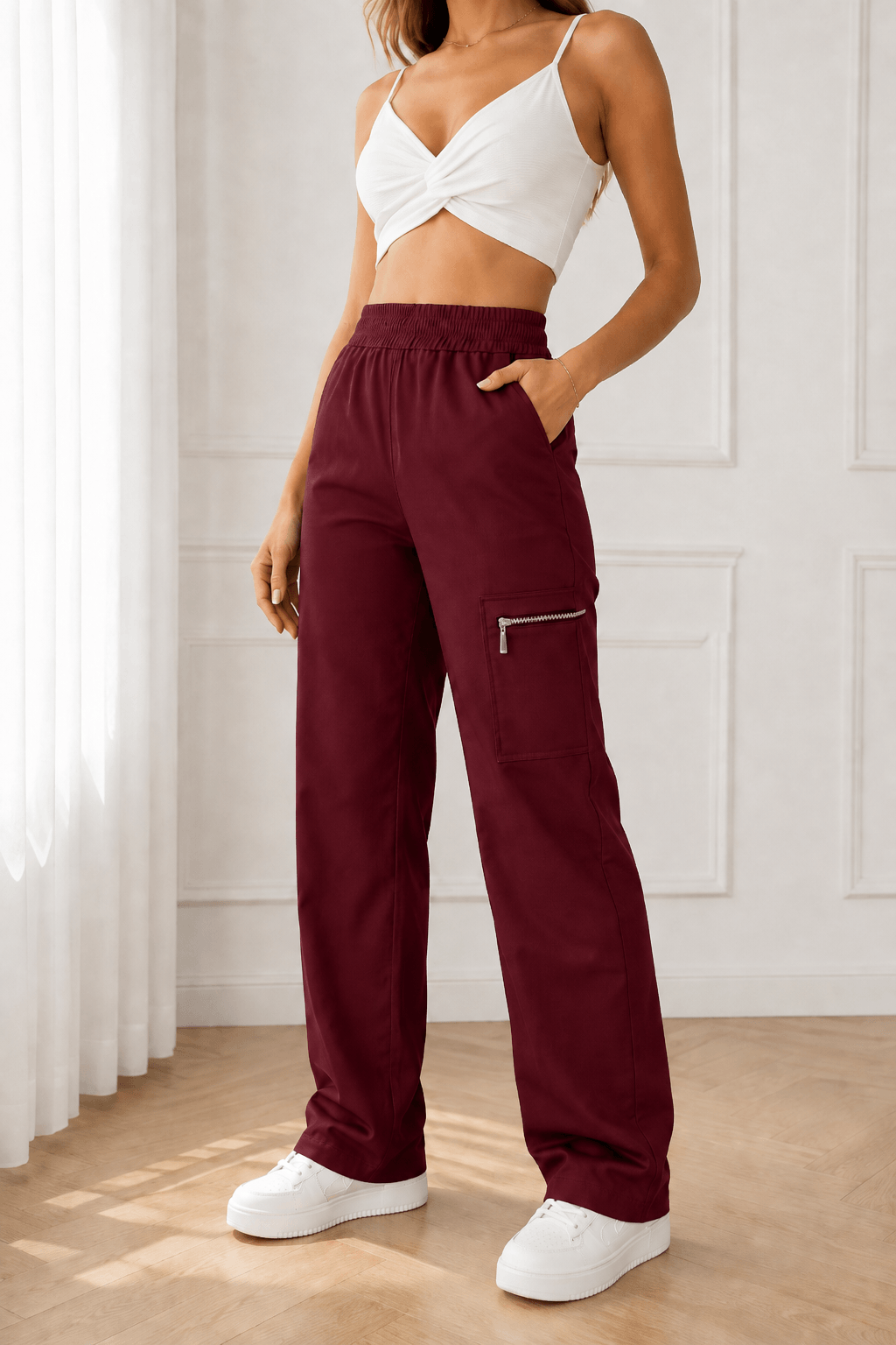 Women’s Wide-Leg Trousers & Casual Pants – Mid-Rise Polyester Bottoms with Zipper Pockets, Ankle Length & Slight Stretch for All Year