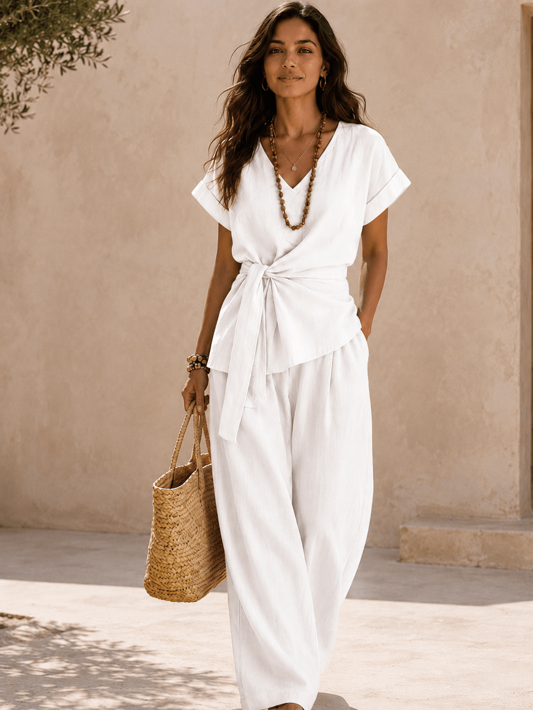 Women’s Cotton Linen V-Neck Top & Wide Leg Trousers Set