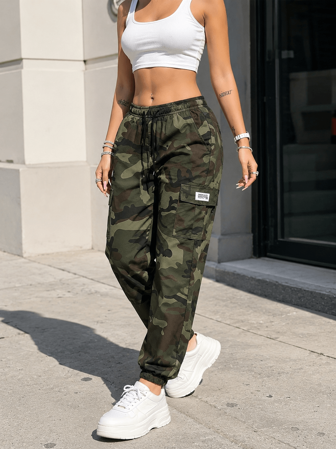 Women’s Camo Cargo Jogger Trousers with Drawstring Waist