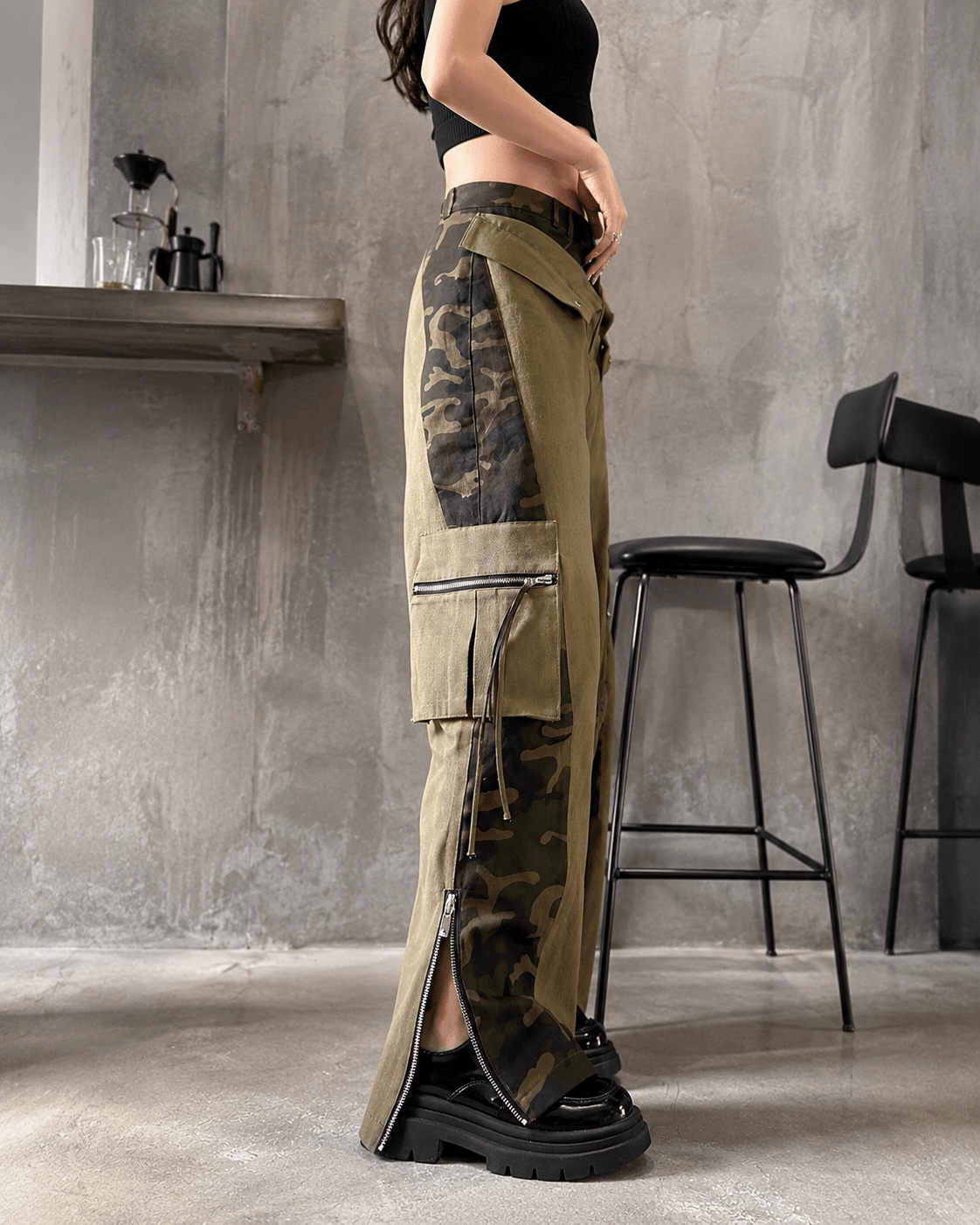 Women’s High Waist Patchwork Cargo Trousers Straight Leg