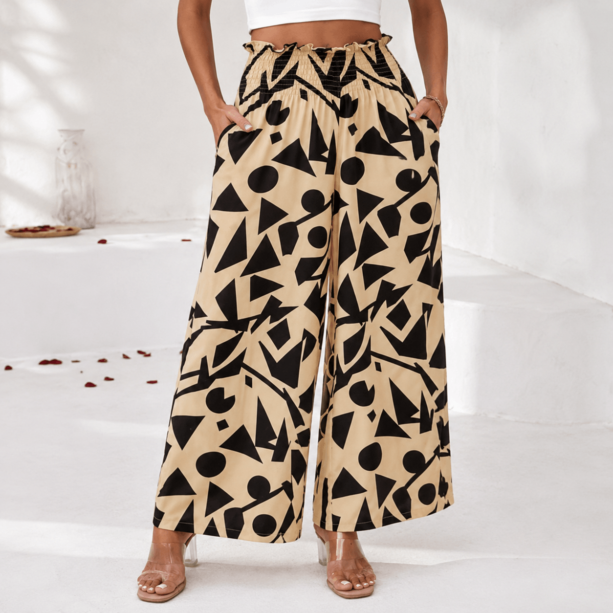 Women’s Printed Wide Leg Trousers with Elastic Waist and Loose Fit