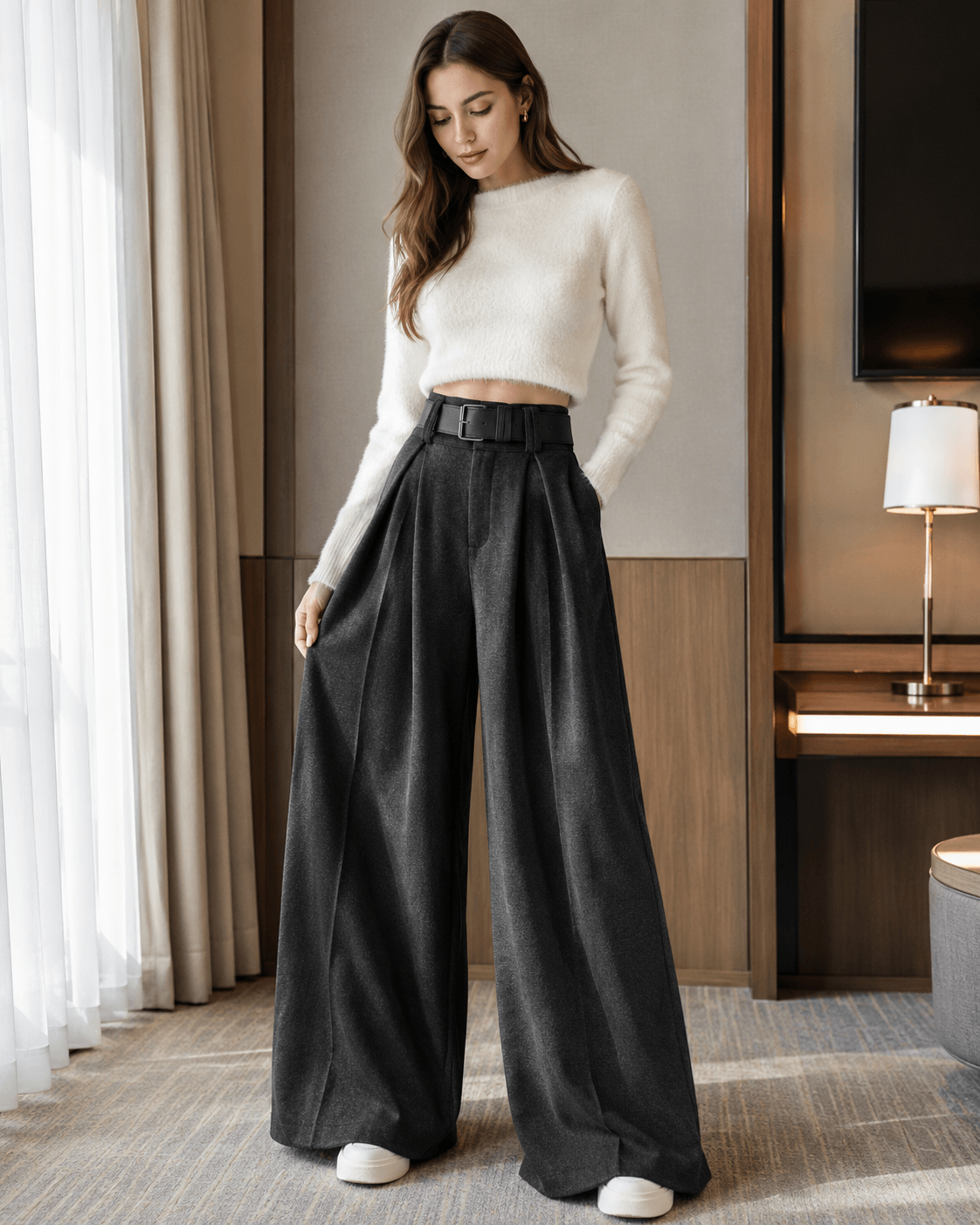 Women’s Grey Woolen Wide Leg Trousers with Belt, Pleated Front and Fleece Lining