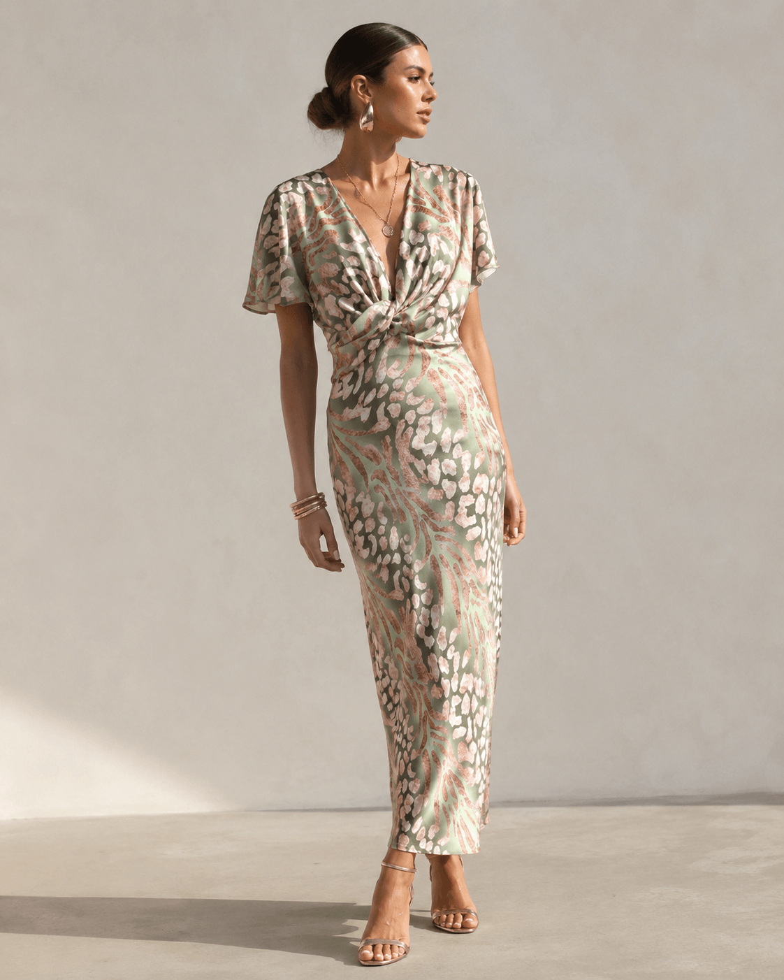 Women’s Printed Wrap Midi Dress V Neck Wedding Guest Dress