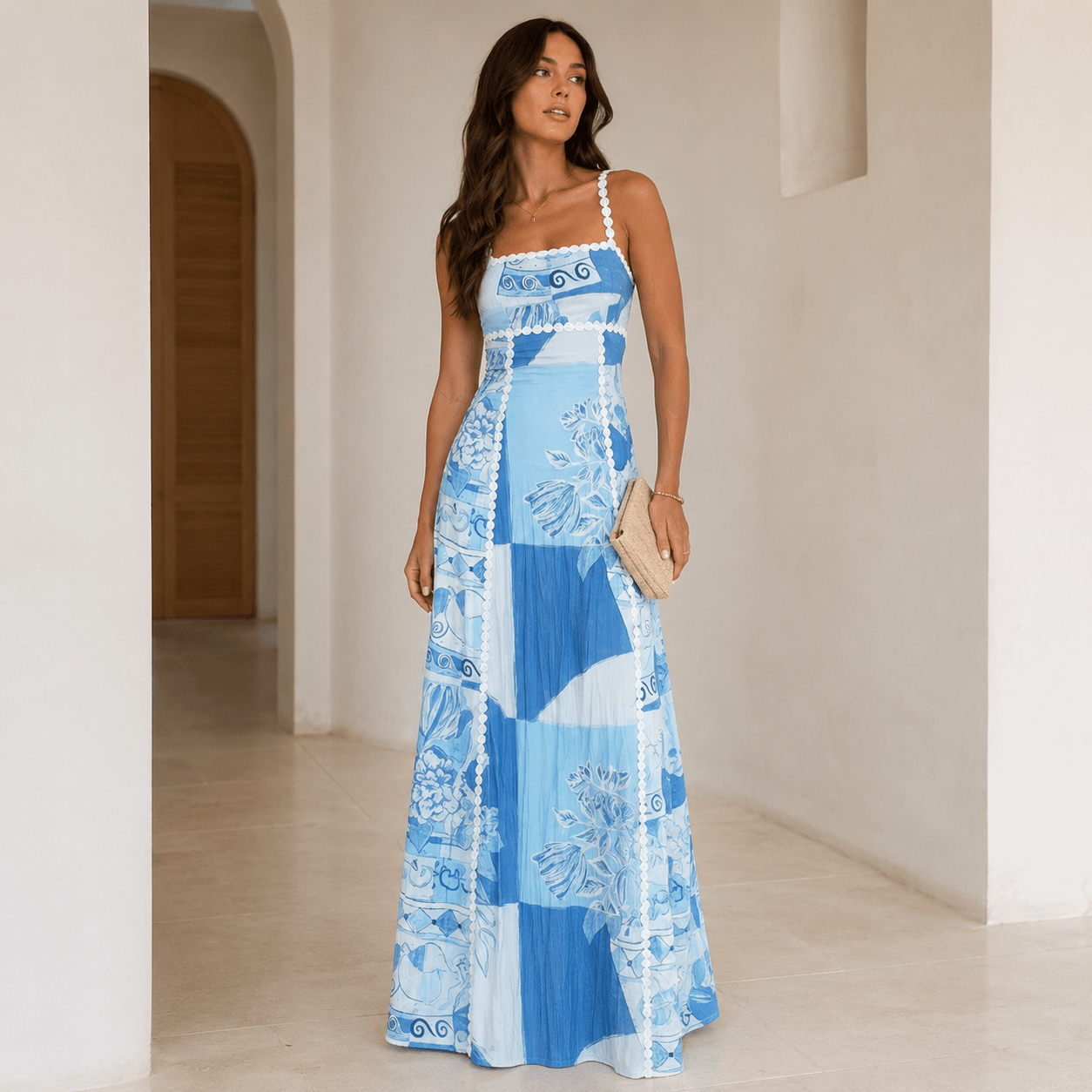 Women’s Blue Printed Maxi Dress Open Back Wedding Guest Dress