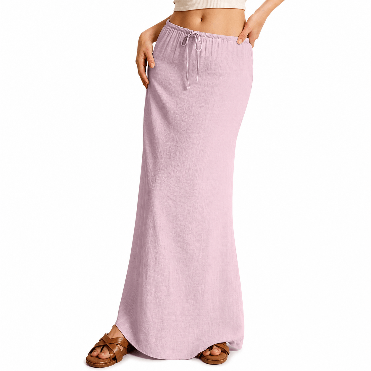 Women’s High Waisted Drawstring Maxi Skirt Linen-Look A-Line Summer Skirt