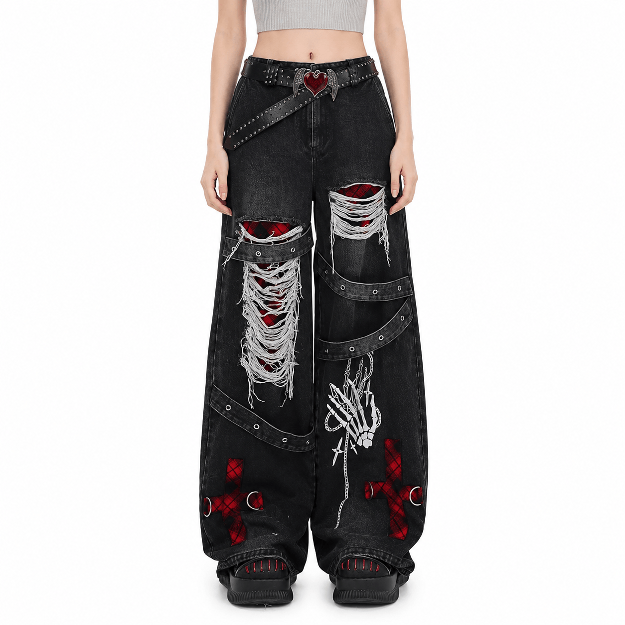 Women’s Distressed Baggy Jeans High Waisted Straight Leg Punk Denim Trousers