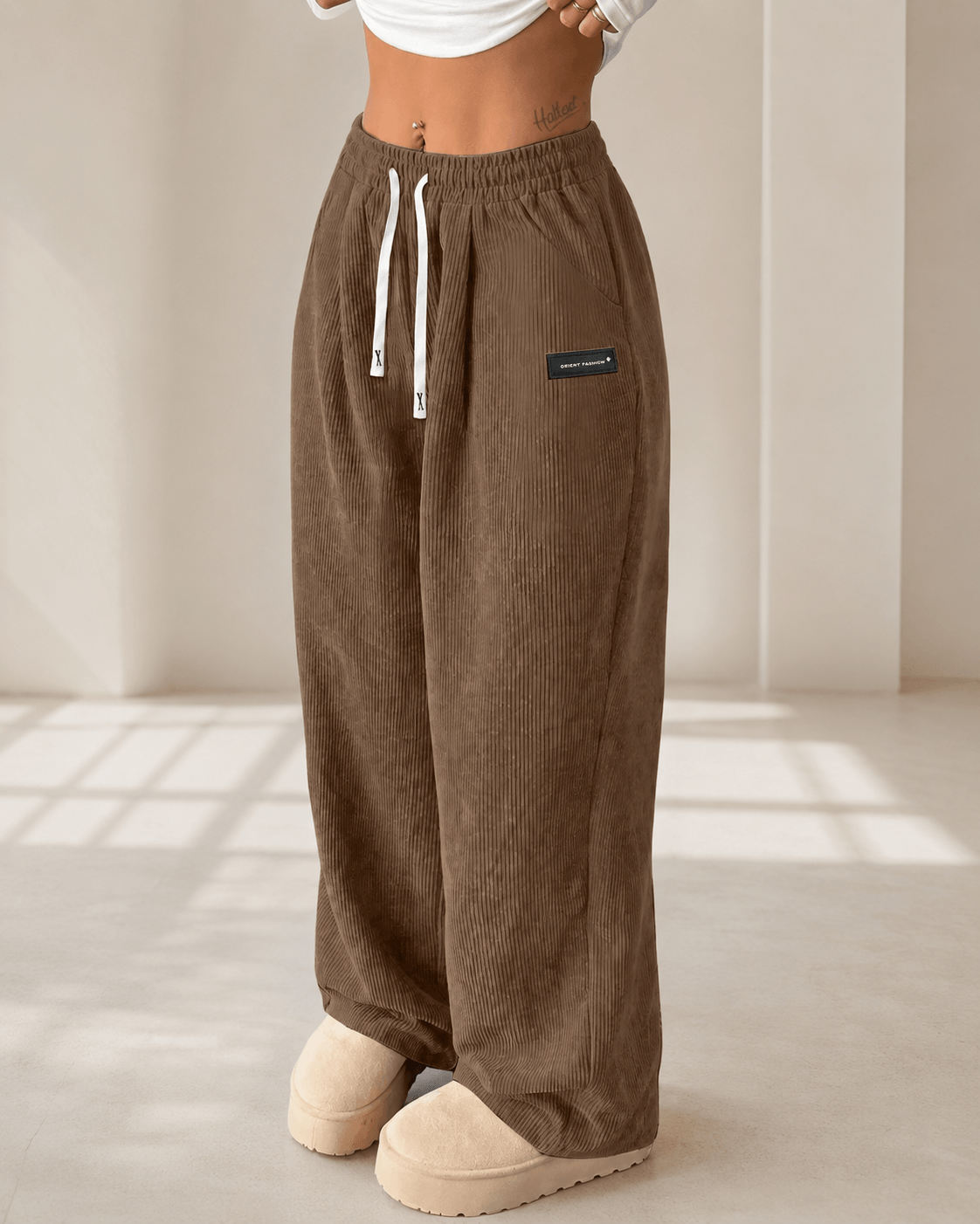Women’s High Waisted Corduroy Wide Leg Trousers with Drawstring