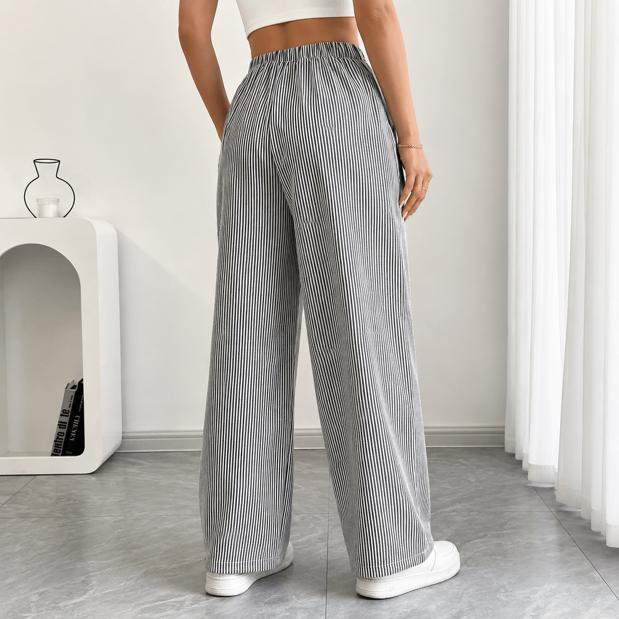Women’s Striped Drawstring Wide Leg Trousers with Pockets