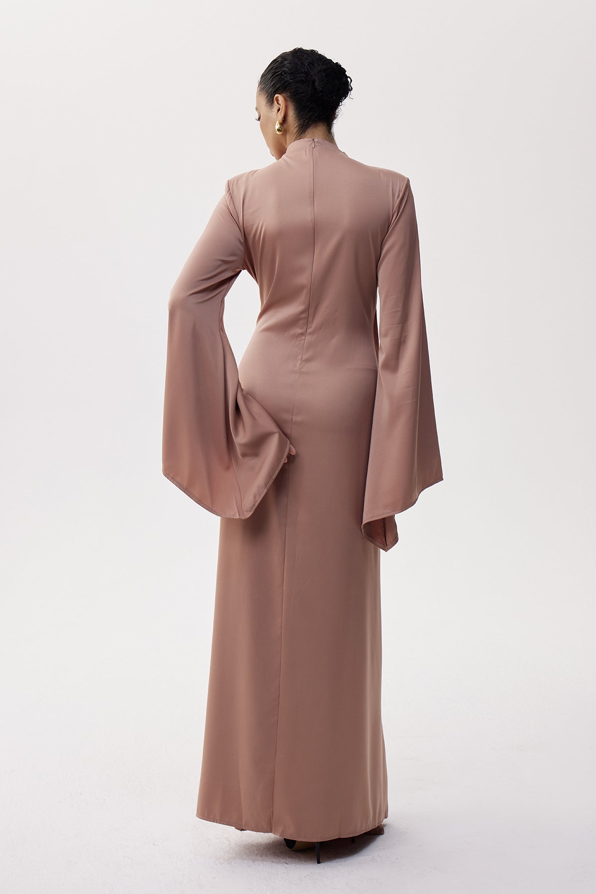 Women's Taupe Tie Front Maxi Dress with Draped Long Sleeves