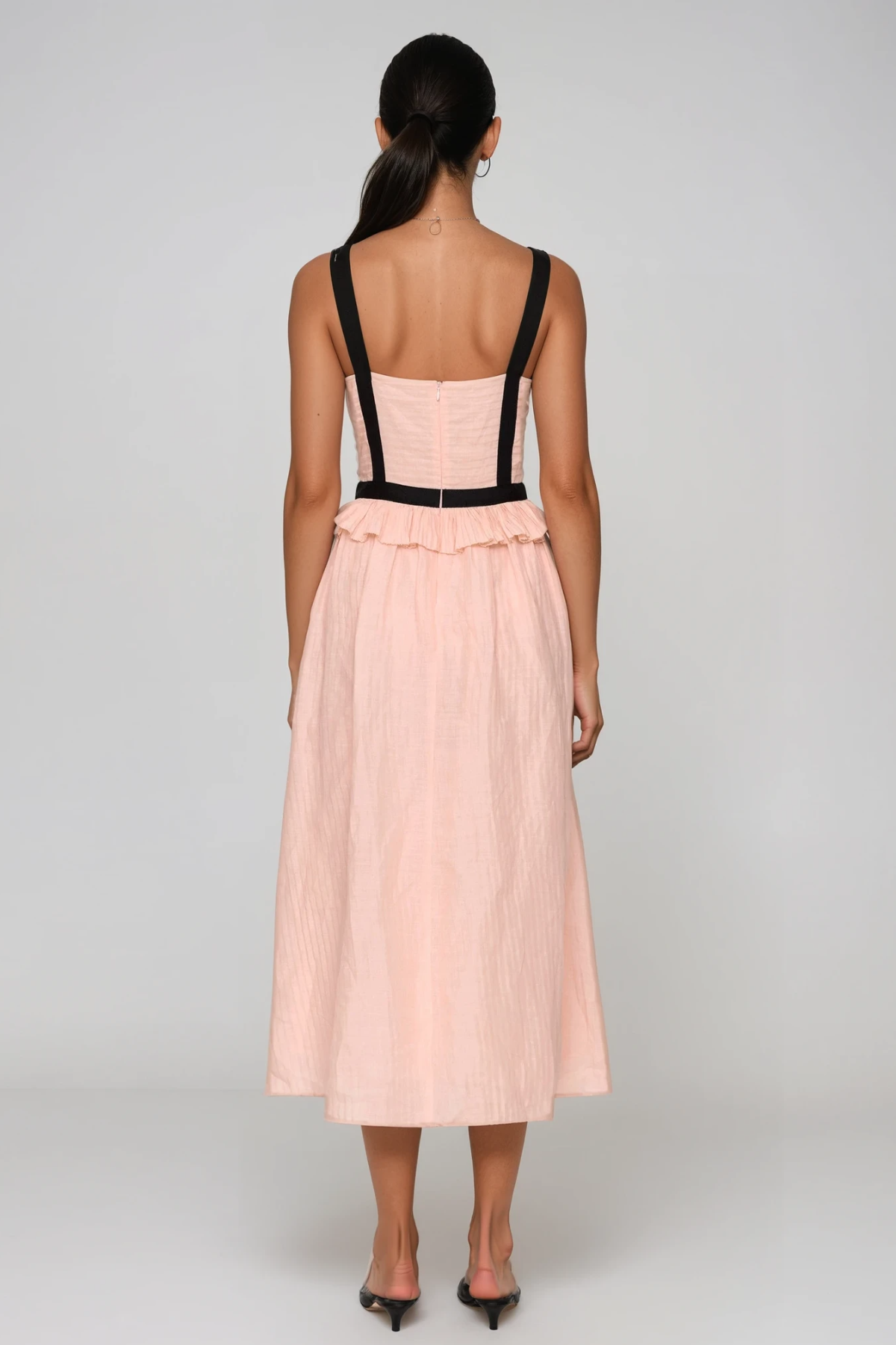Women's Pink V Neck Bow Midi Dress with Sleeveless Ruffle Detail