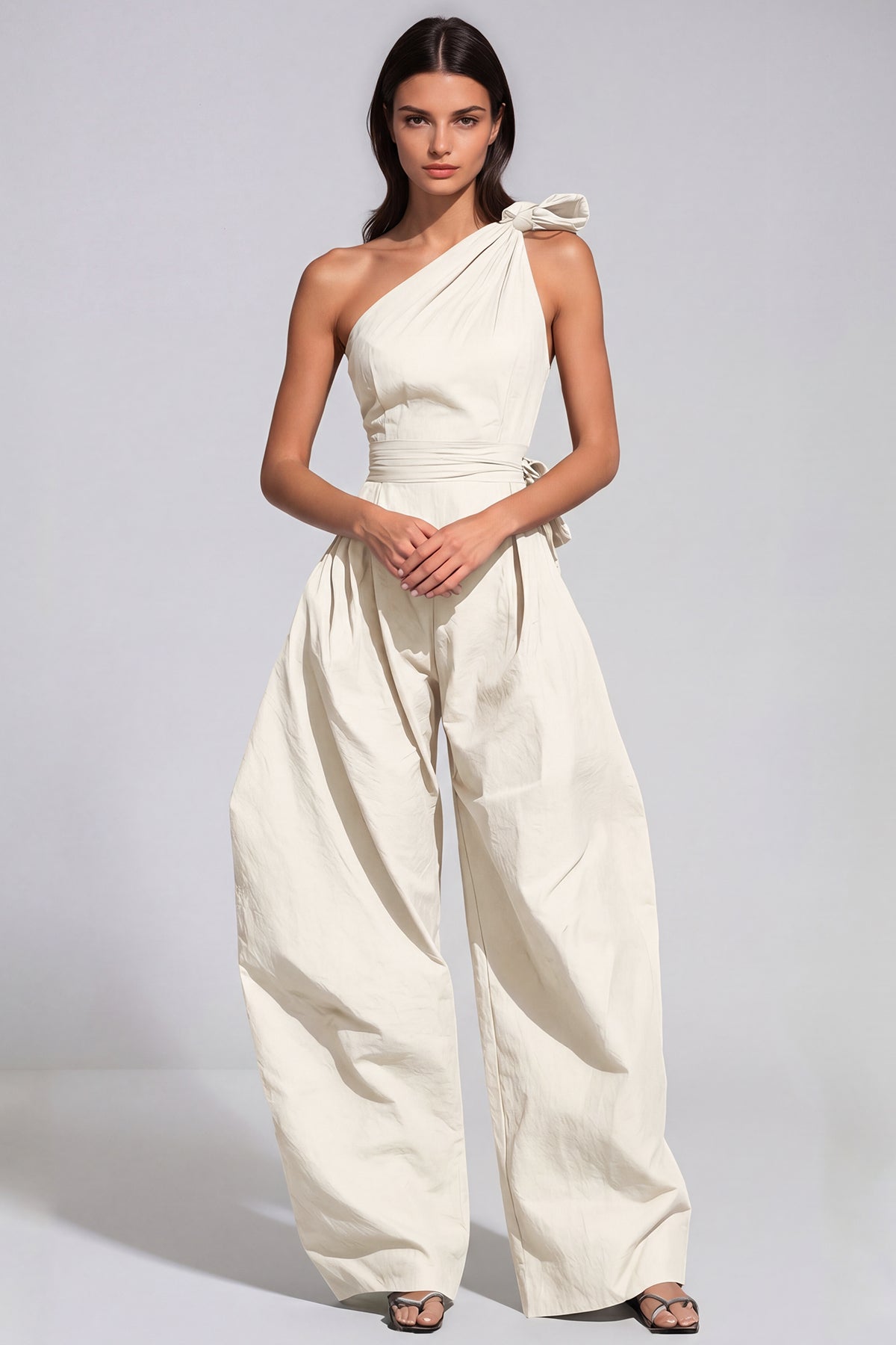 Women’s White One Shoulder Baggy Jumpsuit with Twist Detail and Relaxed Fit