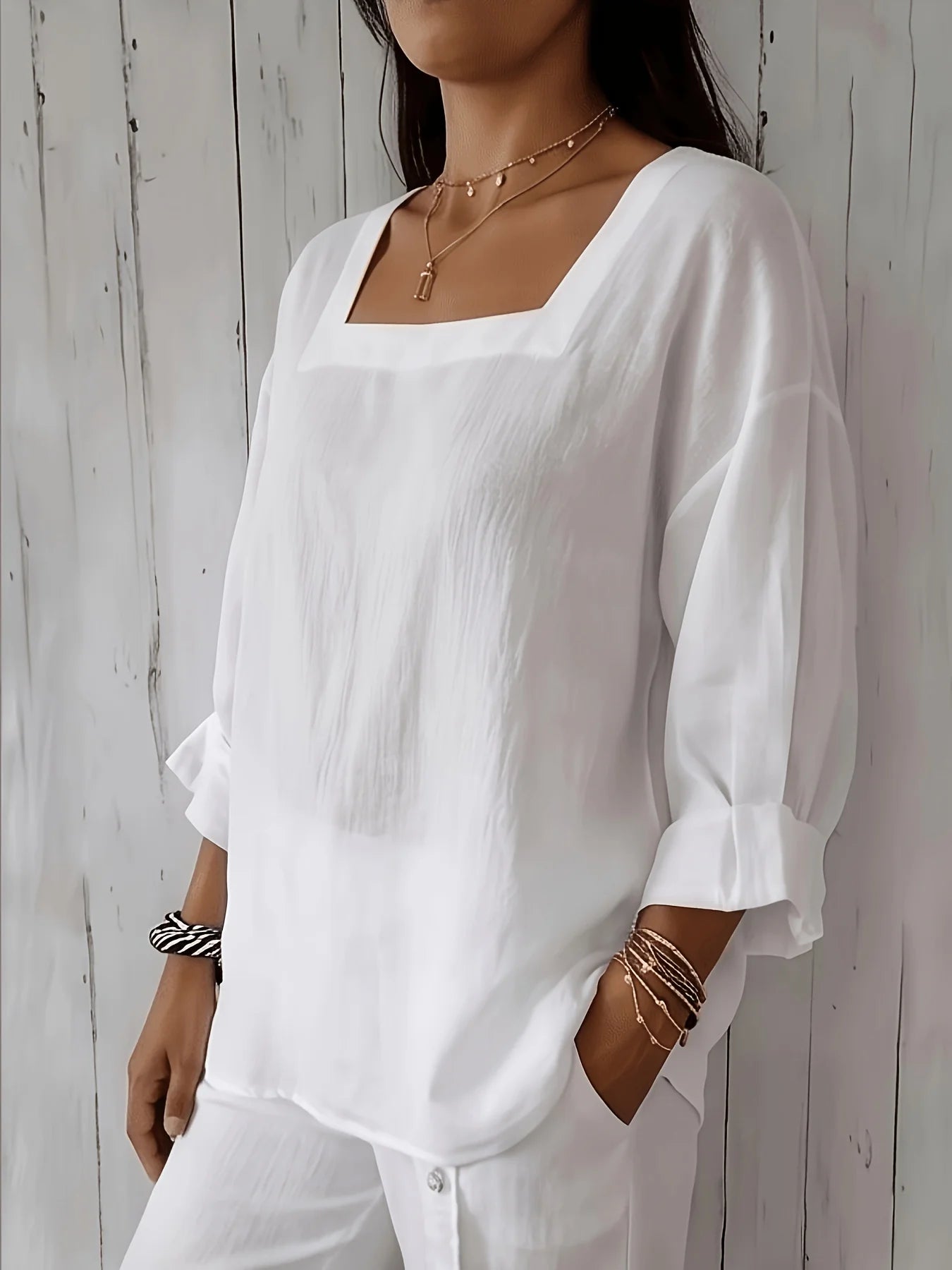 Women’s White Square Neck Top with Three Quarter Sleeves and Relaxed Fit