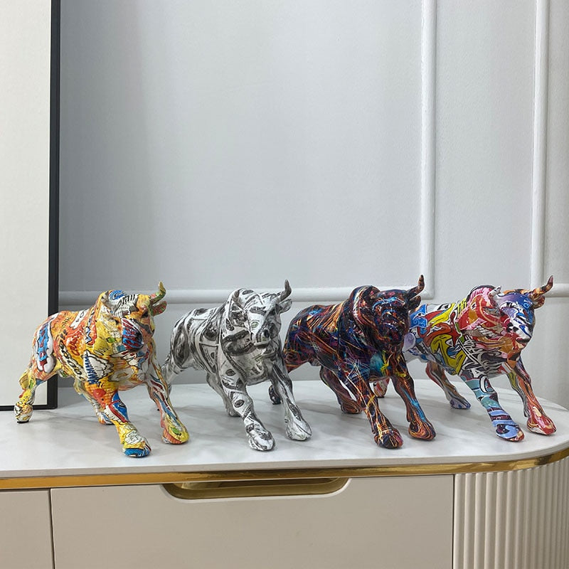 LZINA™ | Graffiti-Painting Resin Bull Figures Home Living Room Bedroom Office Desktop Feng Shui Ornaments Collection Statues