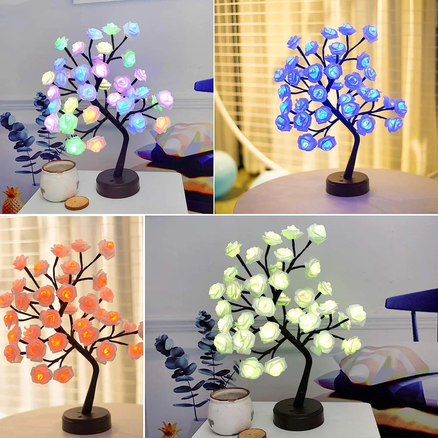 LZINA™ | RGB Rose Flower Tree Lights 24LED USB Battery Table Lamp Fairy Night Light Home Party Christmas Wedding Bedroom Decoration Gift