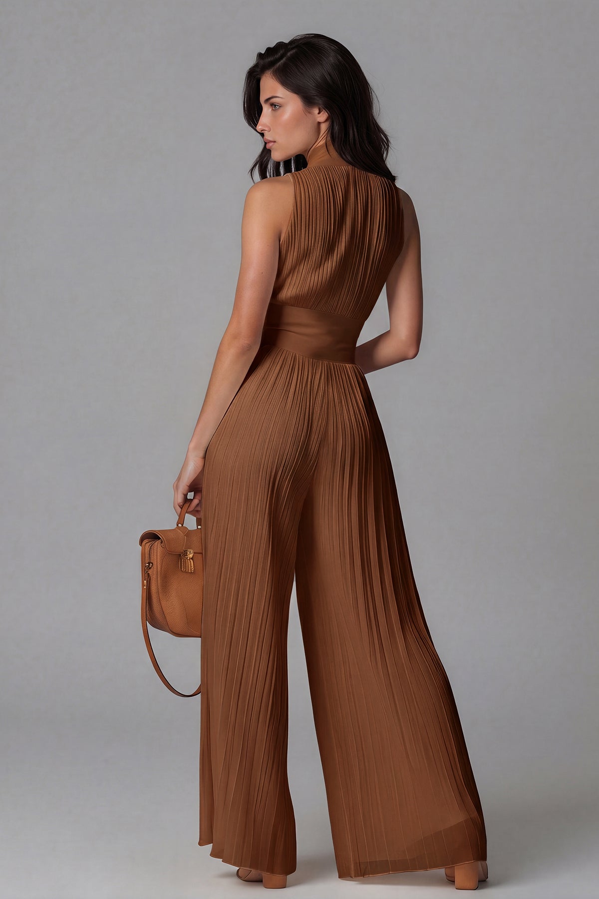 Women’s Brown Wide Leg Jumpsuit with V Neck, Ruched Detail and Front Zip