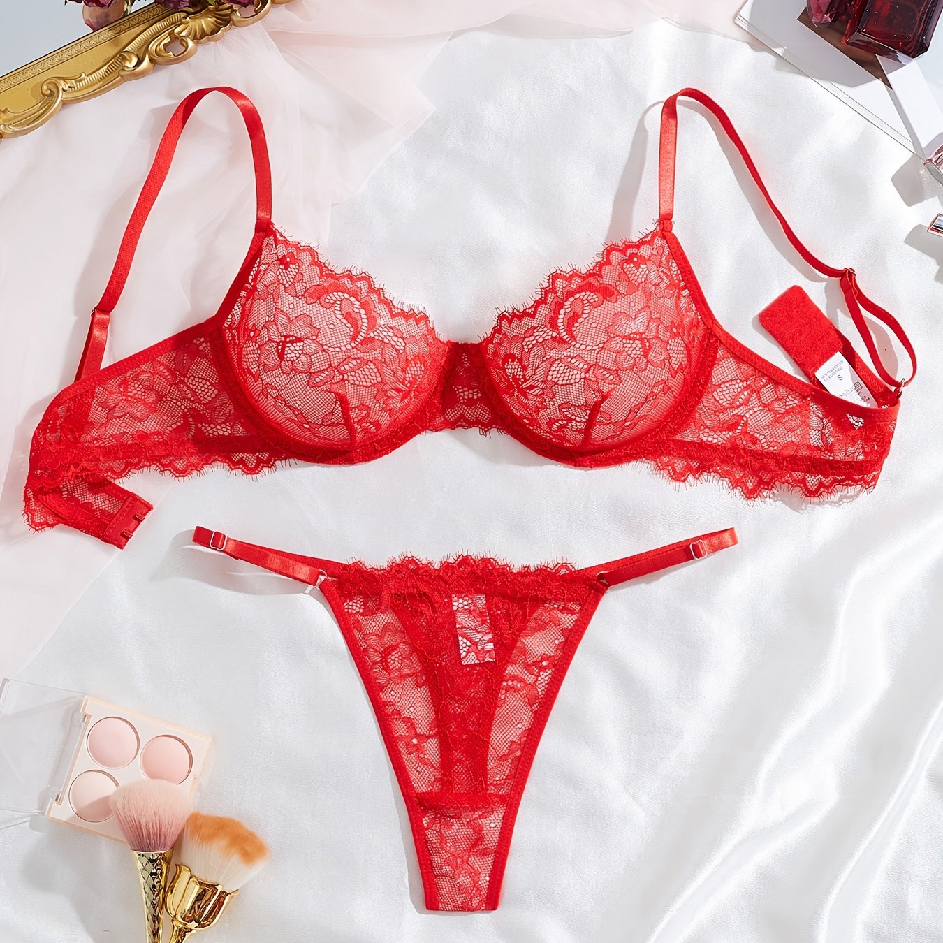 Lingerie Sets, Lace Lingerie & Sexy Underwear – 2-Piece Eyelash Lace Strappy Bra and Thong Set, Semi-Sheer, Unpadded, Medium Support