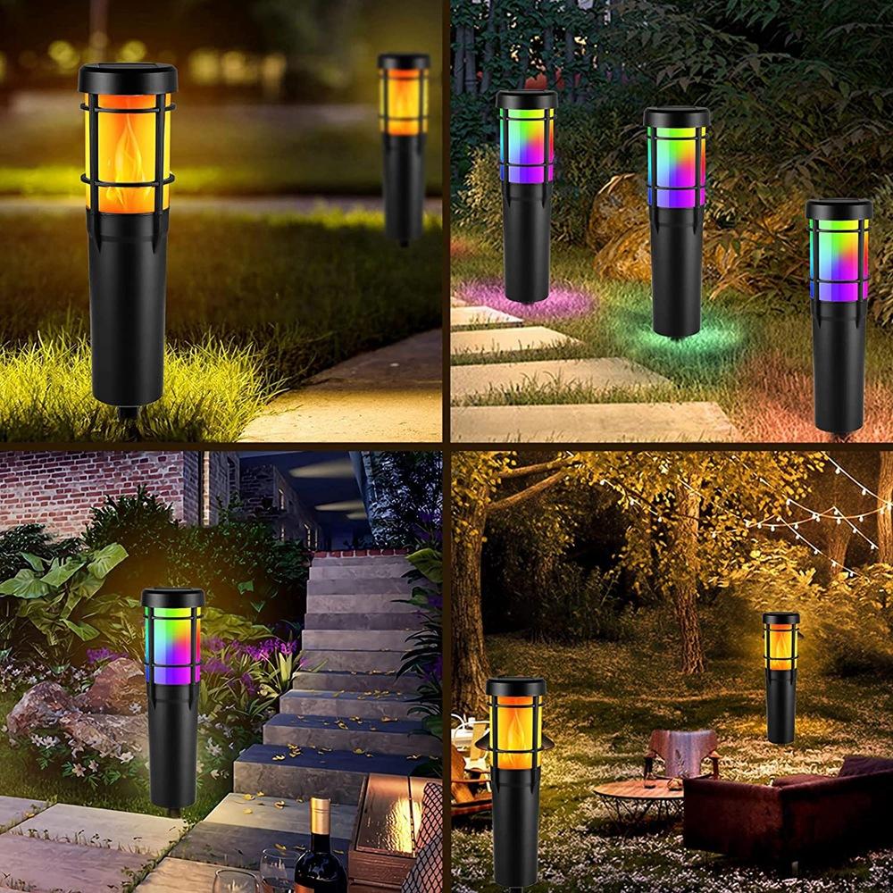 LZINA™ | Solar Path Lights for Outdoor Use, with Flickering Flame and RGB Color Changing, LED Solar Outdoor Lights for Yard, Garden, Path, Lawn - IP65 Waterproof