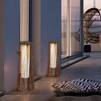 Modern Minimalist Solar Waterproof Round Vertical Pull Strip Iron Rattan LED Standing Floor Lamp For Outdoor Patio | Bowlift