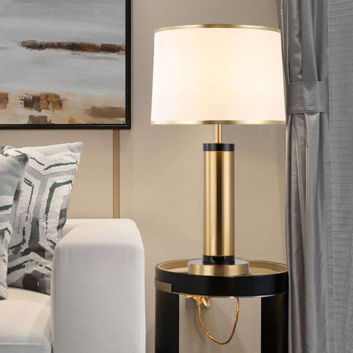 LZINA™ | Modern Transitional Cylinder Iron Table Lamp with Fabric Shade — 1-Light for the Living Room