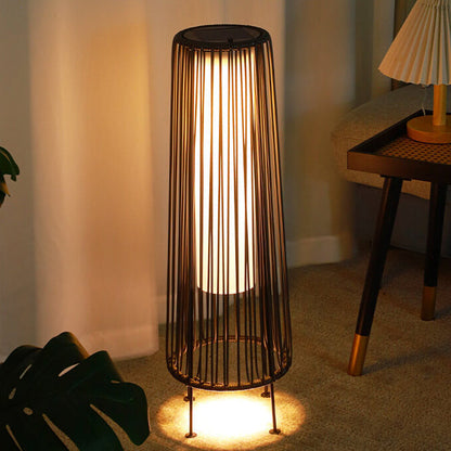 Modern Minimalist Solar Waterproof Round Vertical Pull Strip Iron Rattan LED Standing Floor Lamp For Outdoor Patio | Bowlift