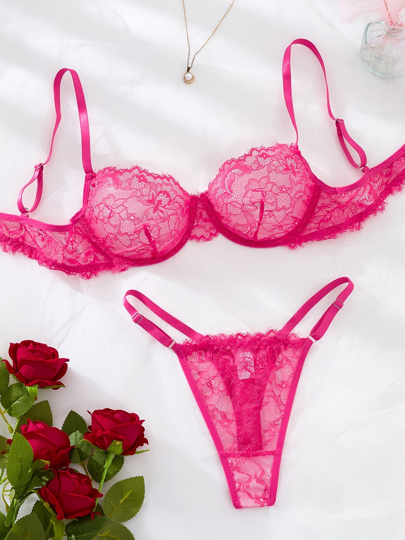 Lingerie Sets, Lace Lingerie & Sexy Underwear – 2-Piece Eyelash Lace Strappy Bra and Thong Set, Semi-Sheer, Unpadded, Medium Support