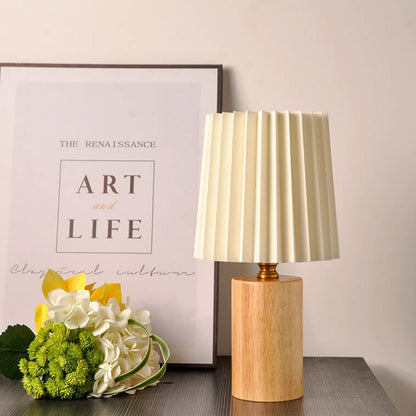 BowLift Vintage Korean Pleated Column Table Lamp – Solid Wood Base, 1-Light