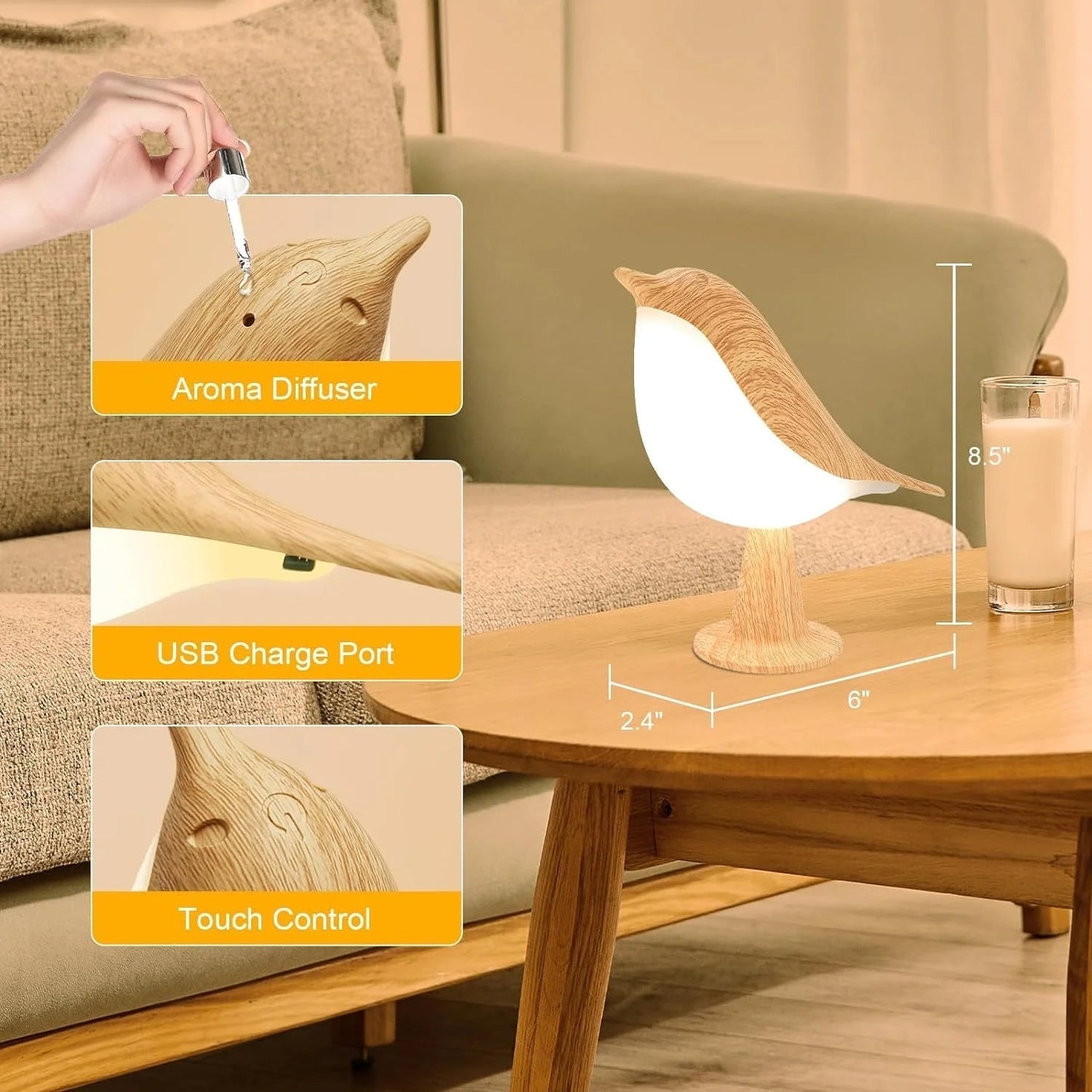 BowLift Touch-Control Wooden Bird Night Light with Rechargeable LED Bedside Lamp