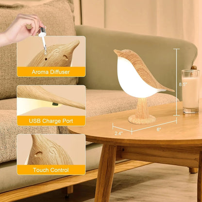 BowLift Touch-Control Wooden Bird Night Light with Rechargeable LED Bedside Lamp