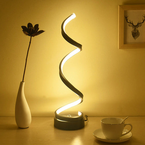 BowLift Spiral Ribbon Metal Table Lamp – Sleek Black/White/Gold LED Desk Light with Round Base, Warm White or White Illumination