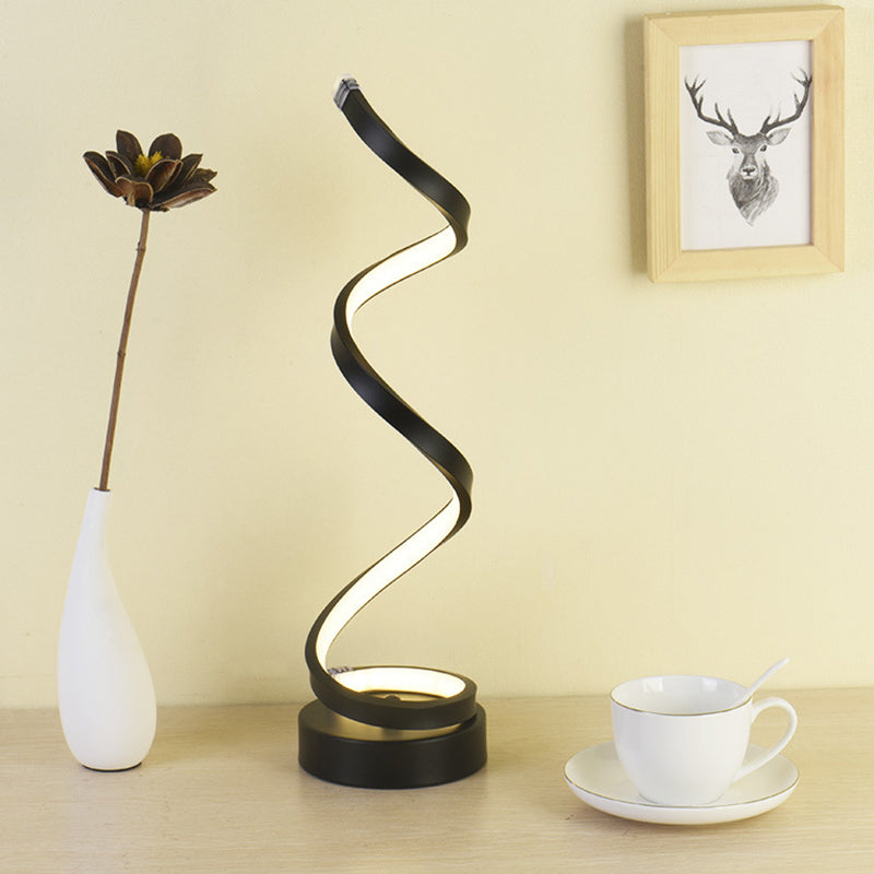 BowLift Spiral Ribbon Metal Table Lamp – Sleek Black/White/Gold LED Desk Light with Round Base, Warm White or White Illumination