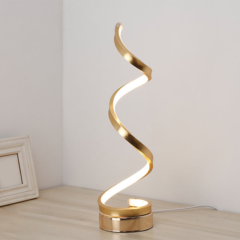BowLift Spiral Ribbon Metal Table Lamp – Sleek Black/White/Gold LED Desk Light with Round Base, Warm White or White Illumination