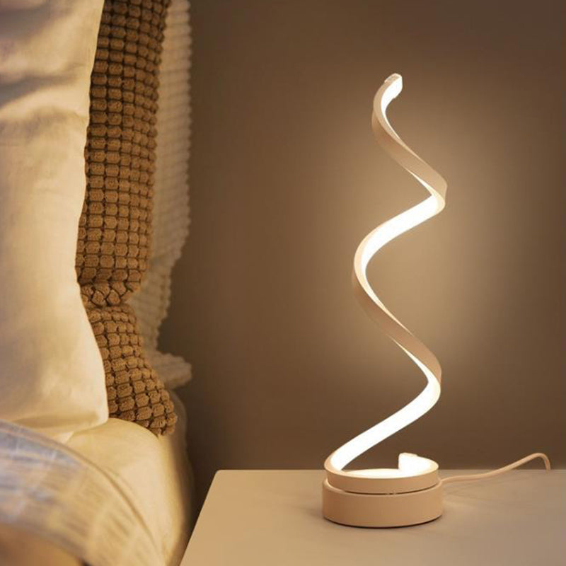 BowLift Spiral Ribbon Metal Table Lamp – Sleek Black/White/Gold LED Desk Light with Round Base, Warm White or White Illumination