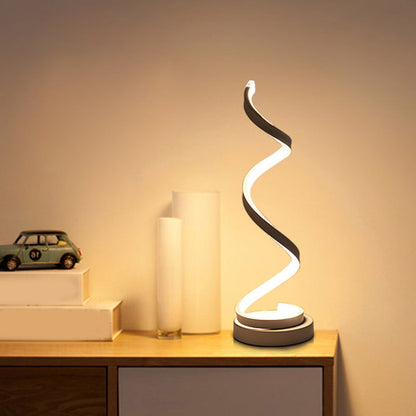 BowLift Spiral Ribbon Metal Table Lamp – Sleek Black/White/Gold LED Desk Light with Round Base, Warm White or White Illumination