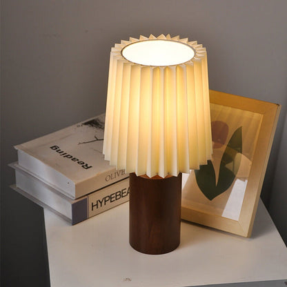 BowLift Vintage Korean Pleated Column Table Lamp – Solid Wood Base, 1-Light