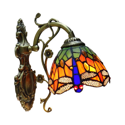 BowLift Hand-Cut Glass Dragonfly Tiffany-Style Wall Lamp - 1-Light Wall-Mounted Fixture with Carved Backplate