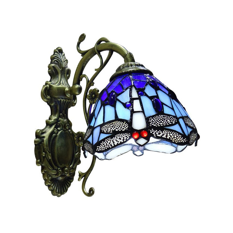BowLift Hand-Cut Glass Dragonfly Tiffany-Style Wall Lamp - 1-Light Wall-Mounted Fixture with Carved Backplate