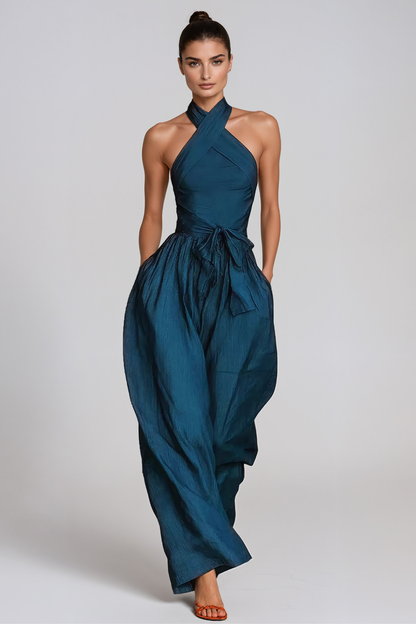 Women’s Teal Halter Neck Baggy Jumpsuit with Tie Detail and Relaxed Fit