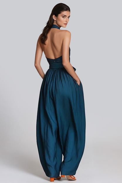 Women’s Teal Halter Neck Baggy Jumpsuit with Tie Detail and Relaxed Fit
