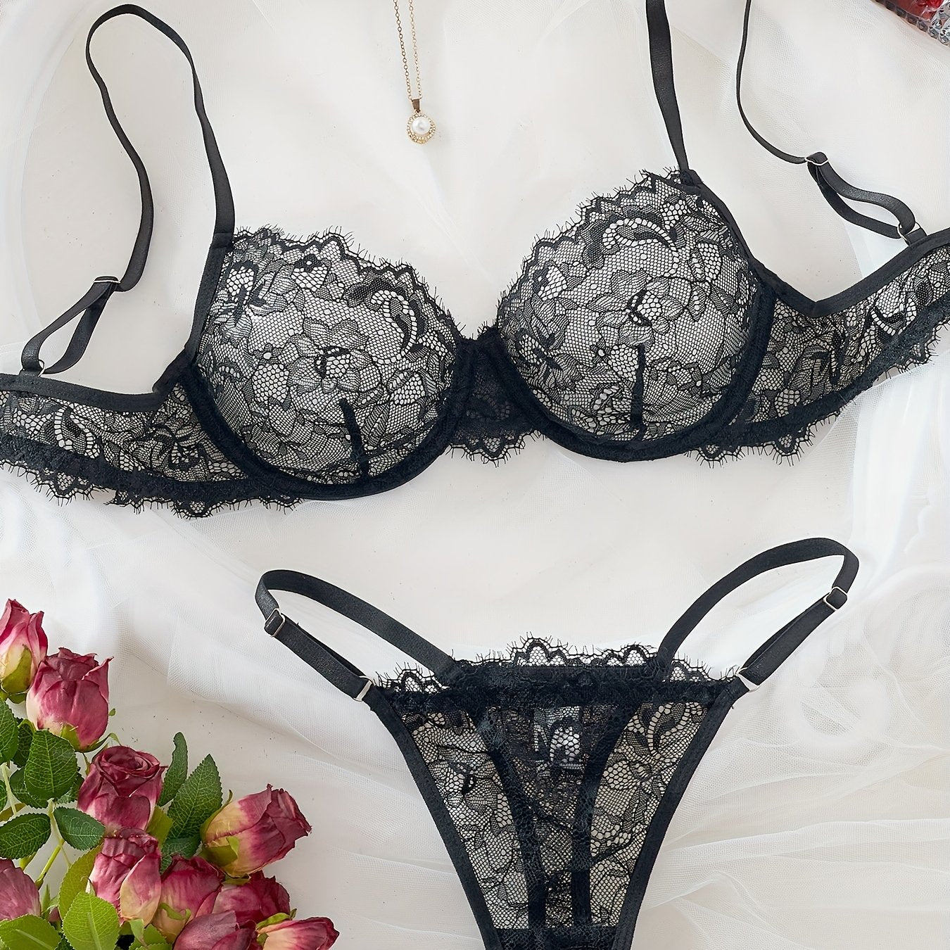 Lingerie Sets, Lace Lingerie & Sexy Underwear – 2-Piece Eyelash Lace Strappy Bra and Thong Set, Semi-Sheer, Unpadded, Medium Support