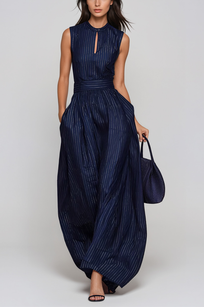 Women’s Navy Sleeveless Wide Leg Jumpsuit with Cutout Detail and Stripe Pattern