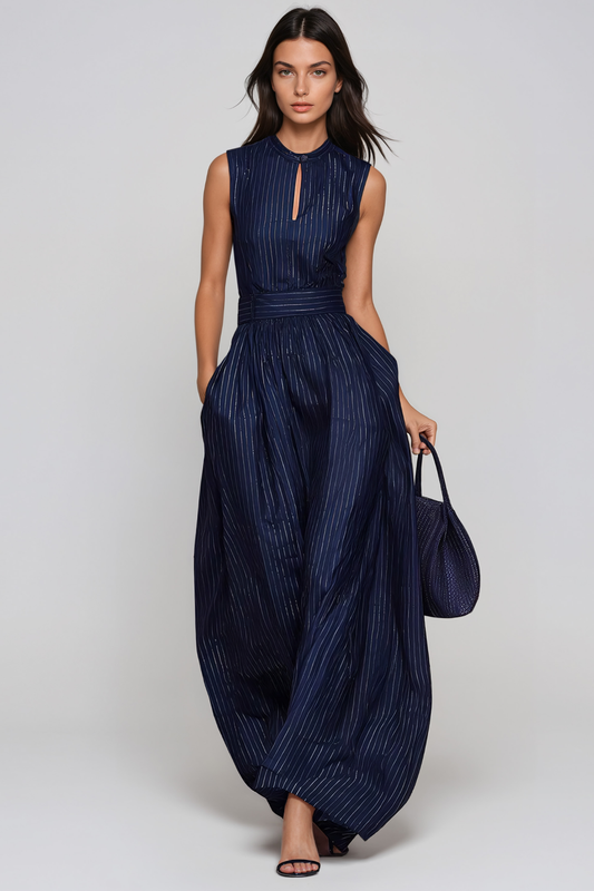 Women’s Navy Sleeveless Wide Leg Jumpsuit with Cutout Detail and Stripe Pattern