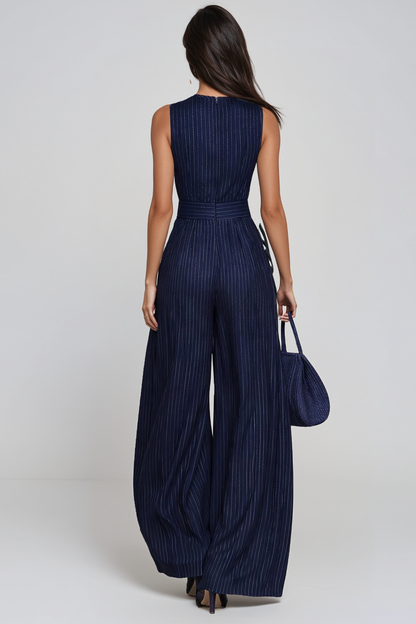 Women’s Navy Sleeveless Wide Leg Jumpsuit with Cutout Detail and Stripe Pattern