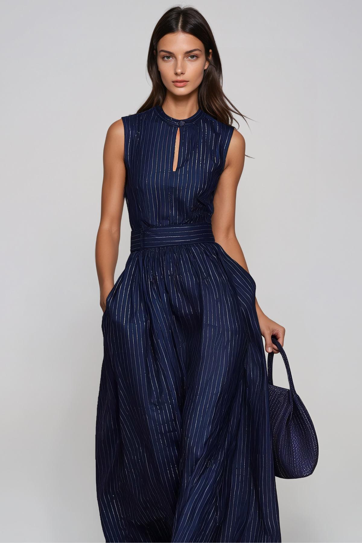 Women’s Navy Sleeveless Wide Leg Jumpsuit with Cutout Detail and Stripe Pattern