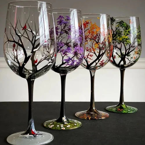 BowLift | Hand Painted Four Seasons Tree Wine Glasses | Unique Art